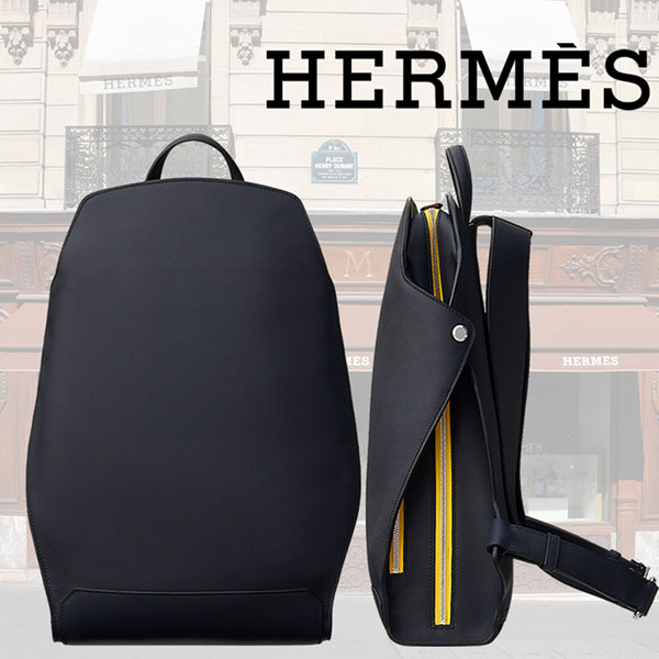 【送料込】HERMES★ネイビー×イエローが◎ レザーバックパック 9090623